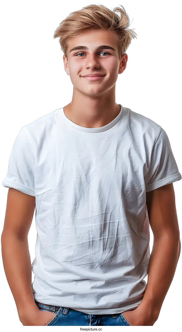 [Transparent Background PNG]Young Handsome Man With Blonde Hair Wearing White T Shirt