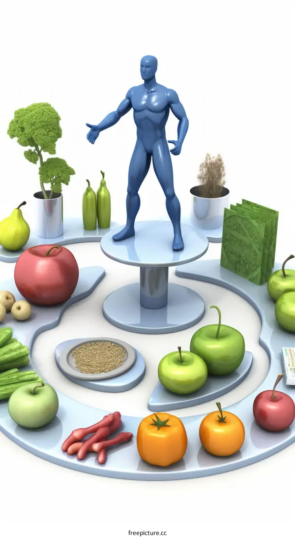 3D Illustration of a Blue Figure Standing on a Podium Surrounded by Healthy Food Items