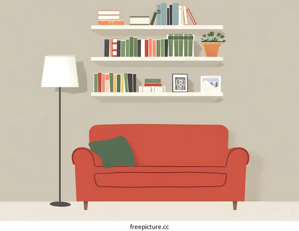 Red Sofa In Living Room With Bookshelf Illustration
