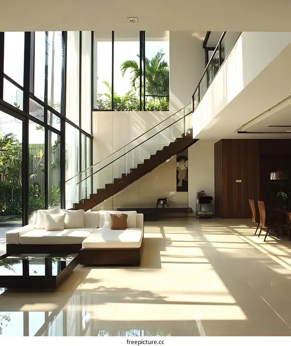Modern Home Interior Design With Large Windows And Staircase
