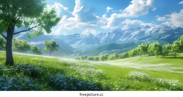 Serene Valley with Snow-Capped Mountains