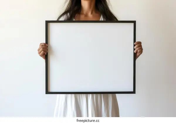 woman holding a blank frame