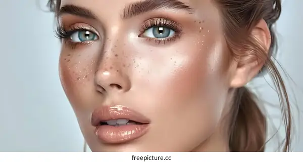 Close up portrait of a beautiful young woman with freckles on her face