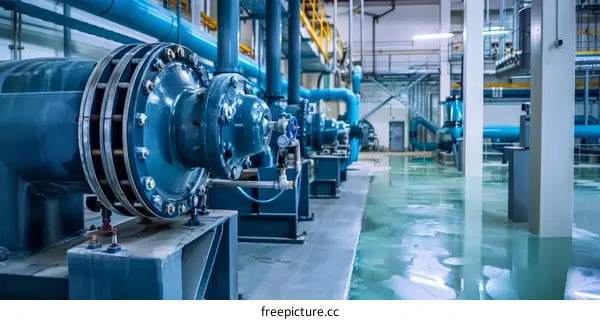 Industrial Water Pump Station Room with Blue Piping and Machinery