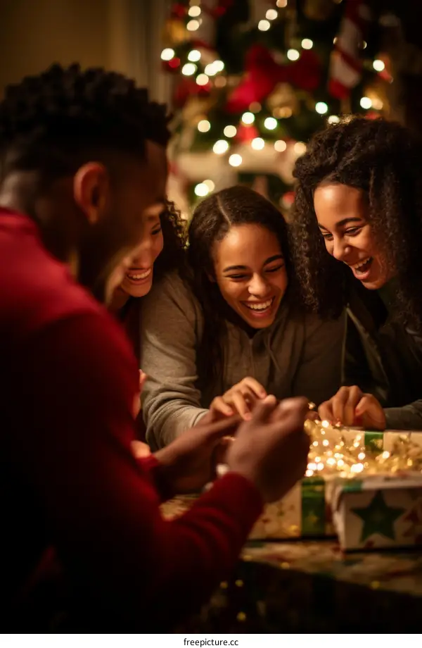 Happy African American family wrapping Christmas presents