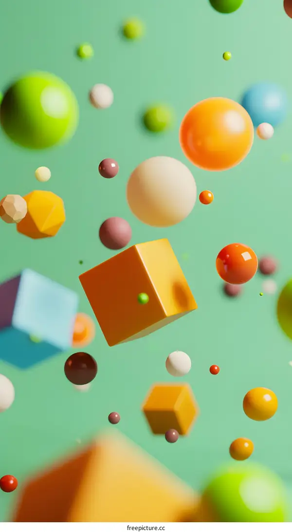 Abstract Colorful 3D Geometric Shapes Floating in Green Background