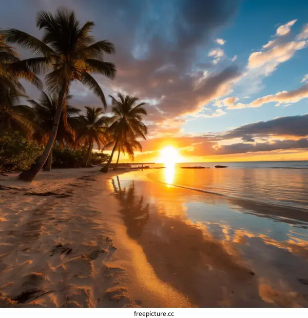Beach sunset with palm trees