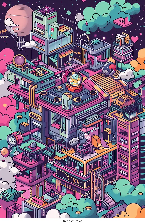 Futuristic Cityscape Illustration with Colorful Buildings and Details