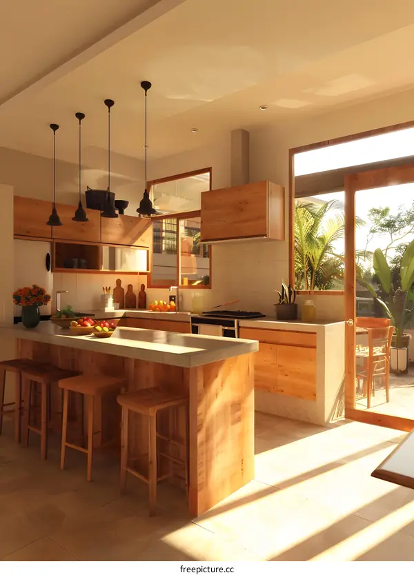 The warm sunlight shines into the kitchen through the glass door