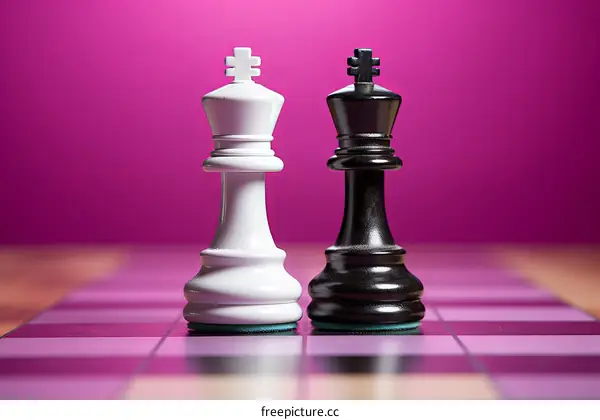 Black and white chess kings on a chessboard with a pink background