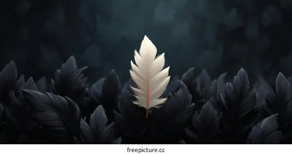 A single white feather amidst black feathers