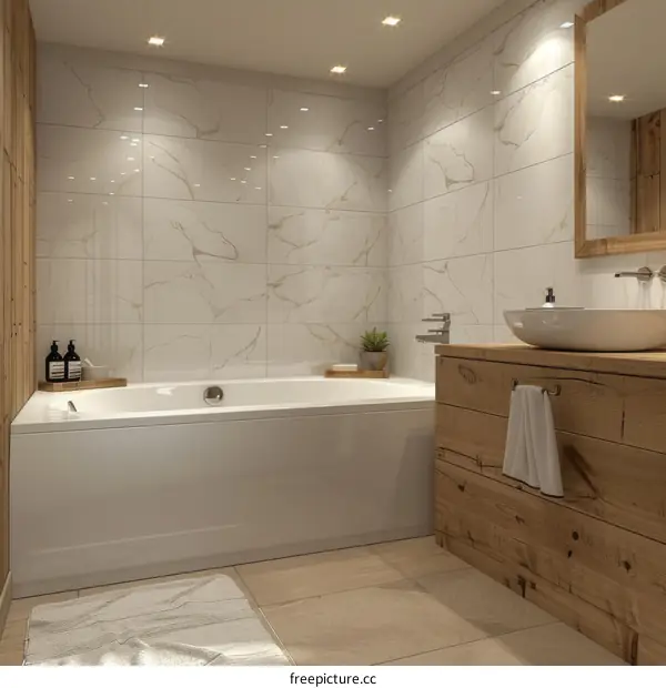 Modern Bathroom Interior Design with Marble Tiles and Wooden Vanity