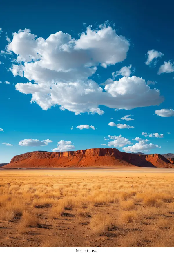 Arid Desert Landscape with Red Rock Mesa Under Blue Sky