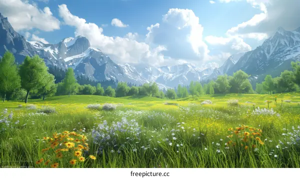 Alpine Meadow in Bloom with Snow-Capped Mountains