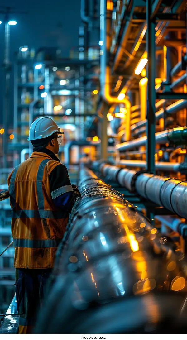 Oil and gas worker inspecting pipes at an oil refinery