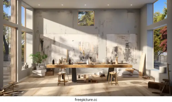 An art studio with large windows and a skylight