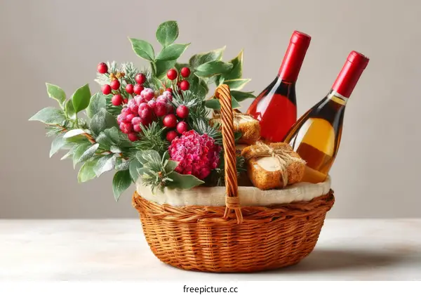 Christmas Gift Basket with Wine and Treats