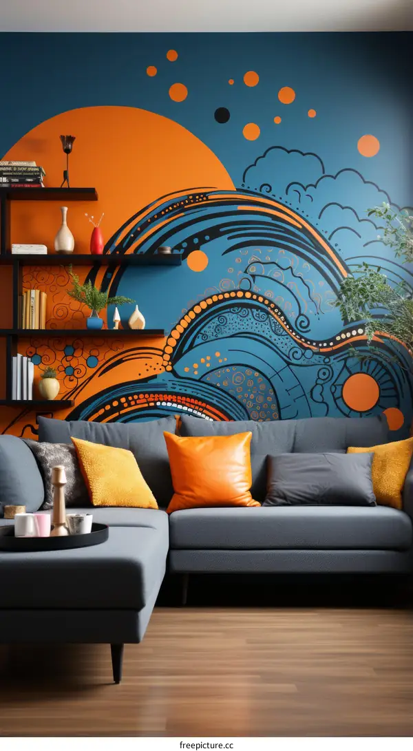 Blue and orange living room with sofa and mural
