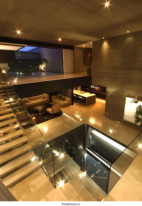Modern Interior Design with Glass Railing and Concrete Walls