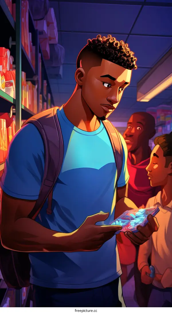 Illustration of a young man looking at a box of cereal