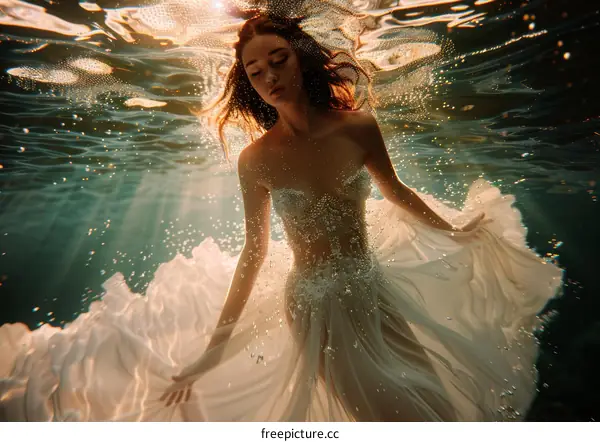 Woman in White Dress Floating Underwater