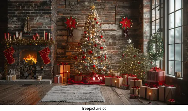Beautifully decorated Christmas tree by the fireplace