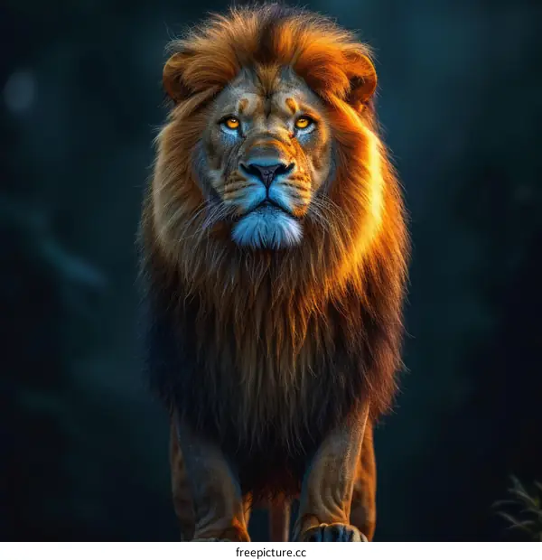 Portrait of a male lion with a dark background