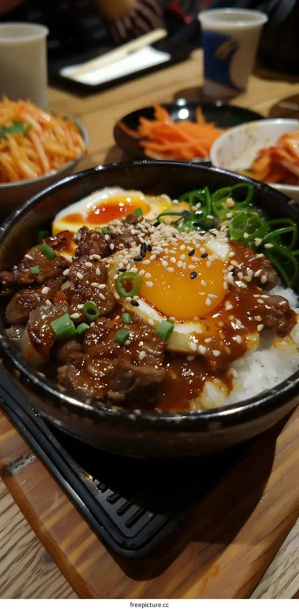 A delicious bowl of Korean beef and rice with a raw egg on top