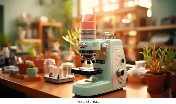 Green Vintage Microscope Sits on Wooden Table in Laboratory