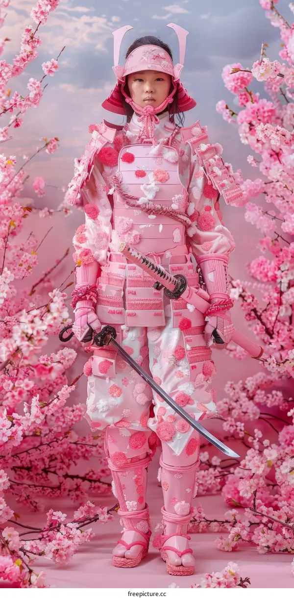 A young woman dressed in a pink samurai armor stands in a field of cherry blossoms.