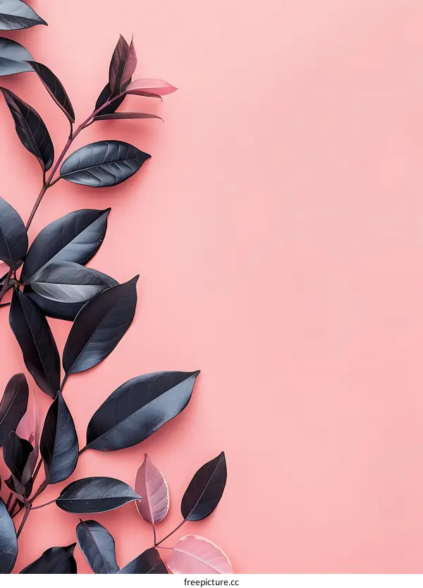 Dark Green Leaves on Pink Background Minimalist Flat Lay