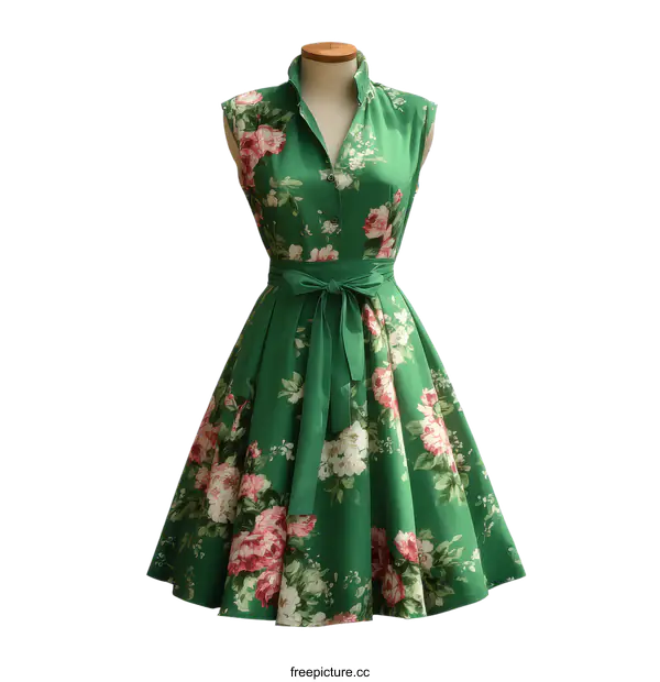 [Transparent Background PNG]Green Floral Vintage Dress