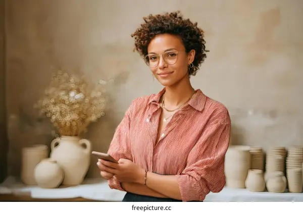 Woman Using Smartphone in Creative Studio