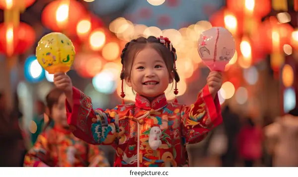 A happy Chinese girl holding two balloons during a festival