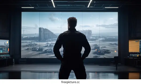 Man Observing Futuristic Cityscape on Large Display