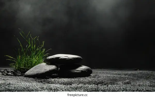 Dark Zen Style Arrangement of Stones and Grass