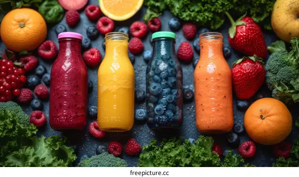 Bottles of fruit juice with fresh fruits and vegetables