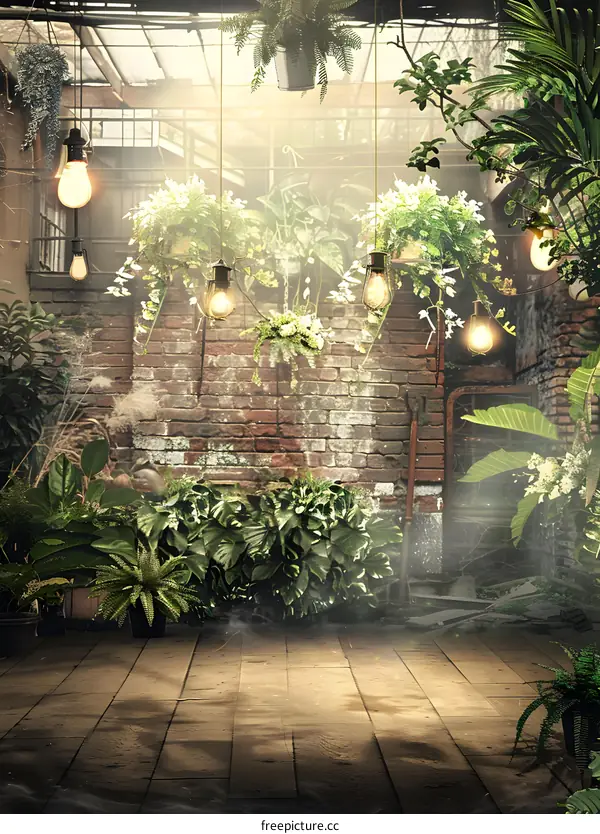Vintage Garden with Hanging Lights and Brick Wall