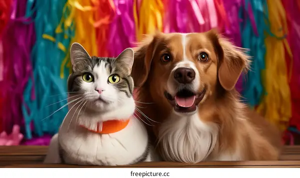 A cat and a dog are sitting next to each other in front of a colorful background.