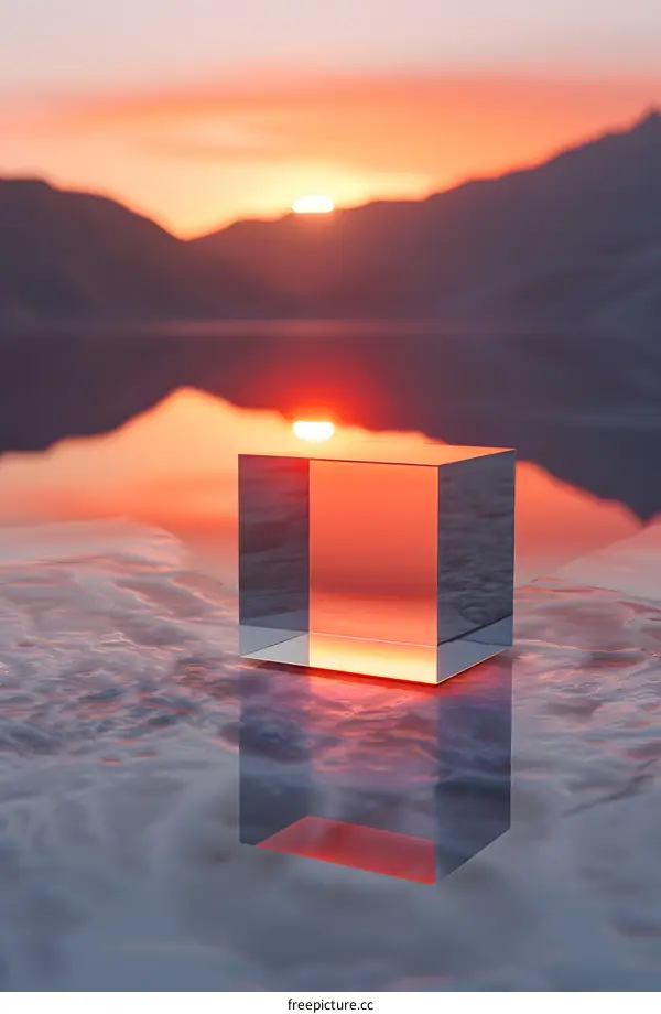 sunset over lake with a glass cube in the foreground