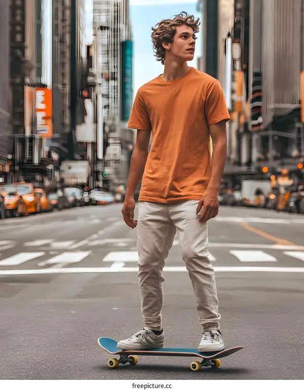 Young Man Skateboarding in the City