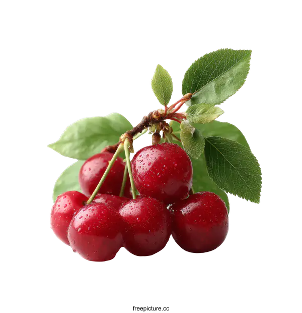 [Transparent Background PNG]Fresh Cherries on Branch with Leaves