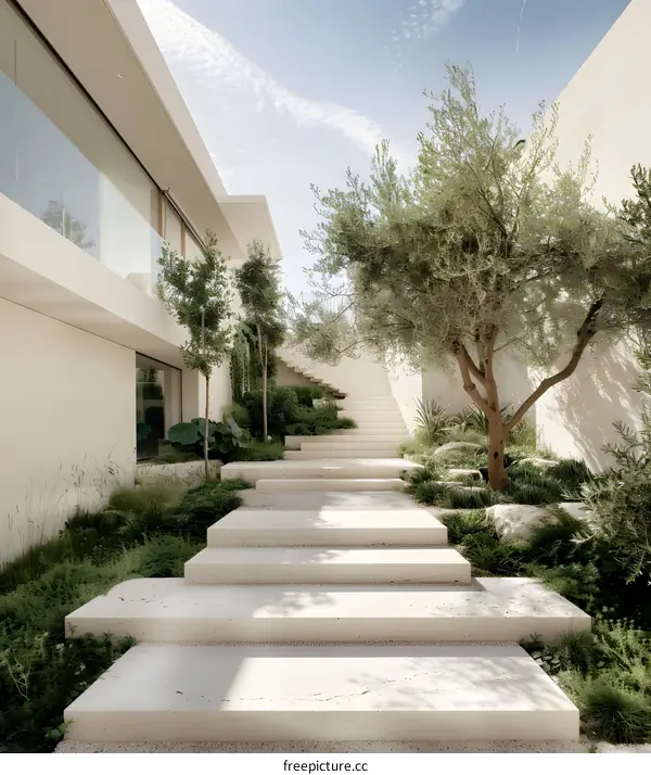Modern White Stone Stairs and Landscaping in a Courtyard