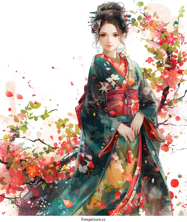 An Asian woman in a kimono standing in a field of flowers