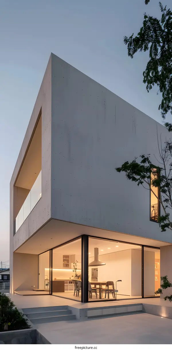 Modern Concrete House Exterior with Glass Windows