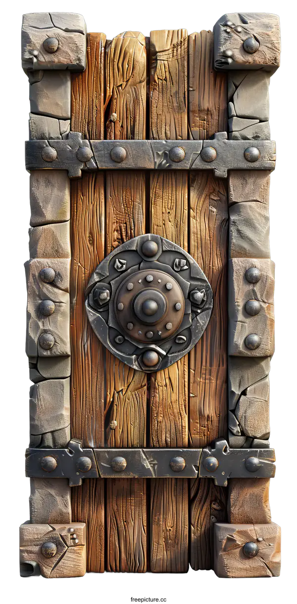 [Transparent Background PNG]fantasy wooden door with rivets and metal plate