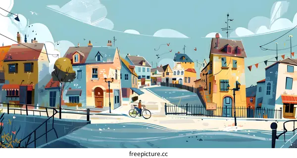 Colorful Illustration of a European Village with a Cyclist