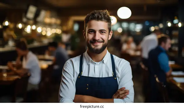 Portrait of a happy waiter standing in a restaurant with arms crossed