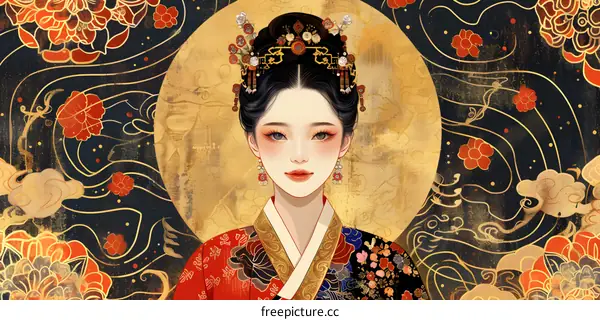 A digital painting of a young woman in a traditional Korean hanbok dress with red and gold floral patterns.