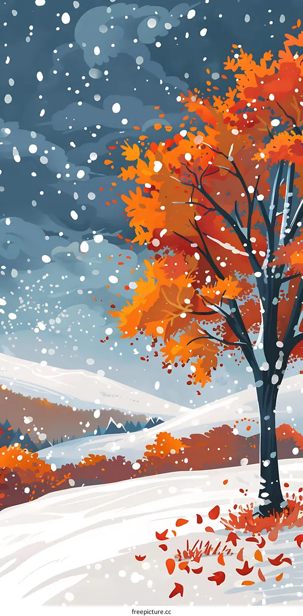 Snowy Winter Landscape with Orange Tree Illustration